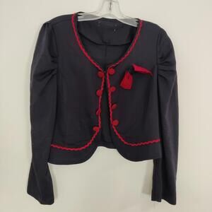 Navy Cropped Majorette Bolero Jacket Red Ric Rac Trim Buttons Bow